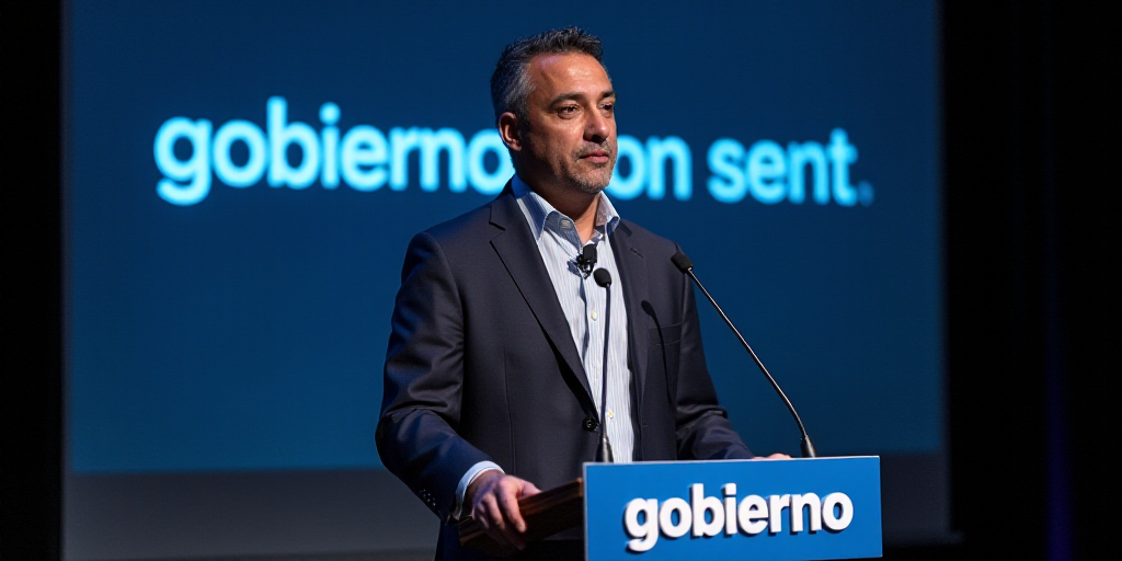 a man standing at a podium with a microphone in front of him and a sign behind him that says gobiern