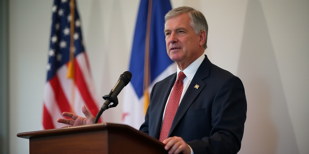 a man standing at a podium with a microphone in front of a flag and a flag pole in the background, B