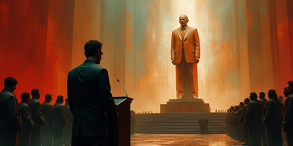 a man standing at a podium with other people behind him and a statue of a man in the background, Dav