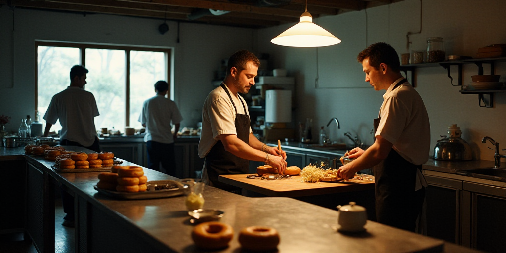a man standing in a kitchen preparing food on a table with other men around him and a counter with d