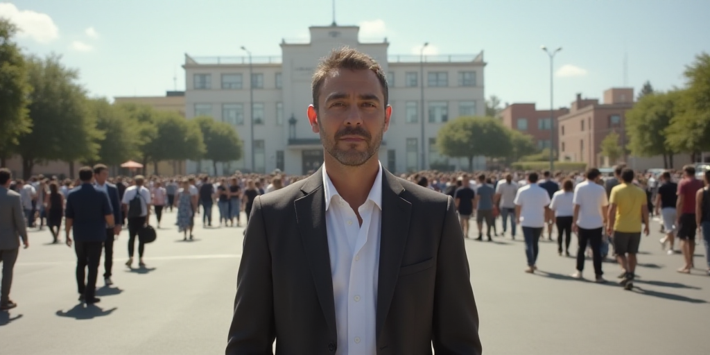 a man standing in a parking lot with a lot of people in the background and a building in the backgro