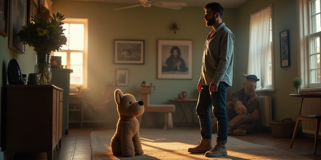 a man standing in a room with a stuffed animal on the floor next to him and a dog toy in the backgro