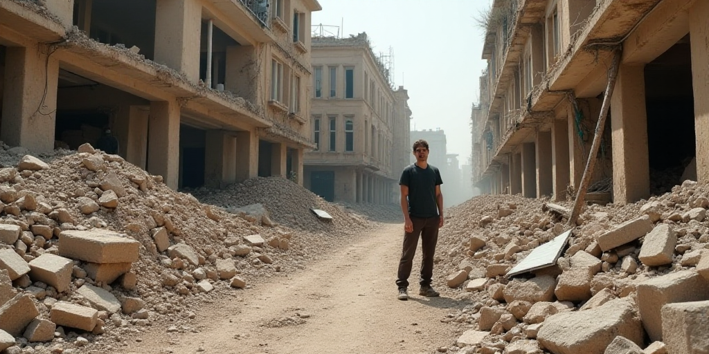 a man standing in a rubble filled street next to a building with a lot of rubble on it's sides, Bouc