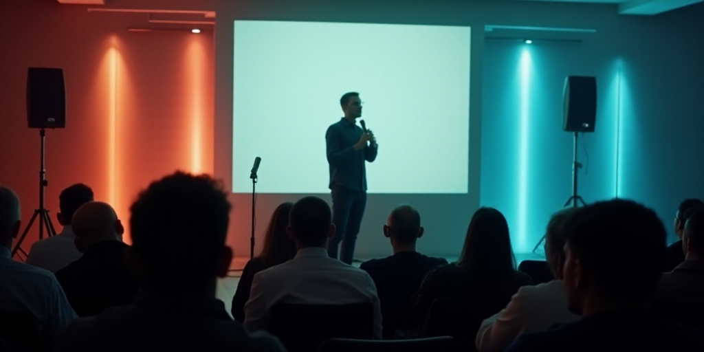 a man standing in front of a crowd of people holding a microphone in his hand and a presentation scr