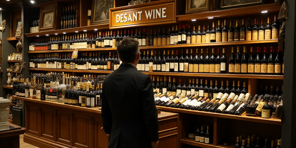 a man standing in front of a display of wine bottles in a store filled with bottles of wine and a si