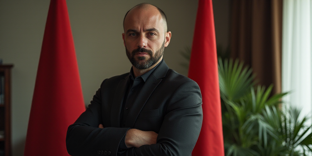 a man standing in front of a flag in a room with a plant in it and a potted plant in the corner, and
