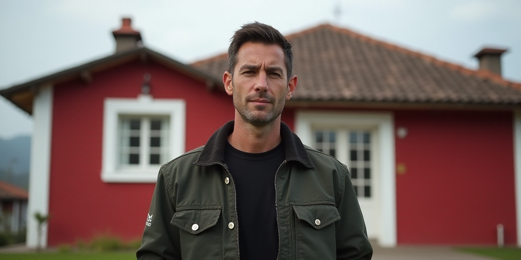 a man standing in front of a house with a red and white house in the background and a red and white