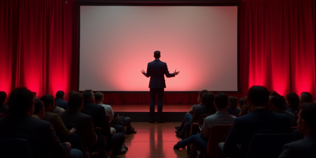 a man standing in front of a large screen giving a speech to people in a room with red curtains, Fed