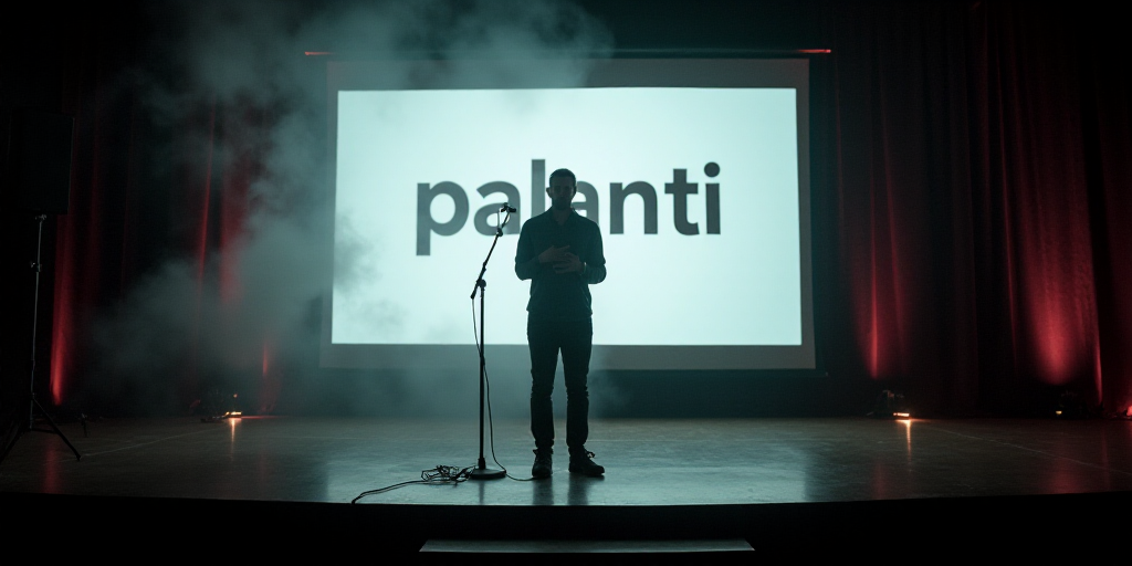 a man standing in front of a microphone on a stage with a projection screen behind him and a sign th