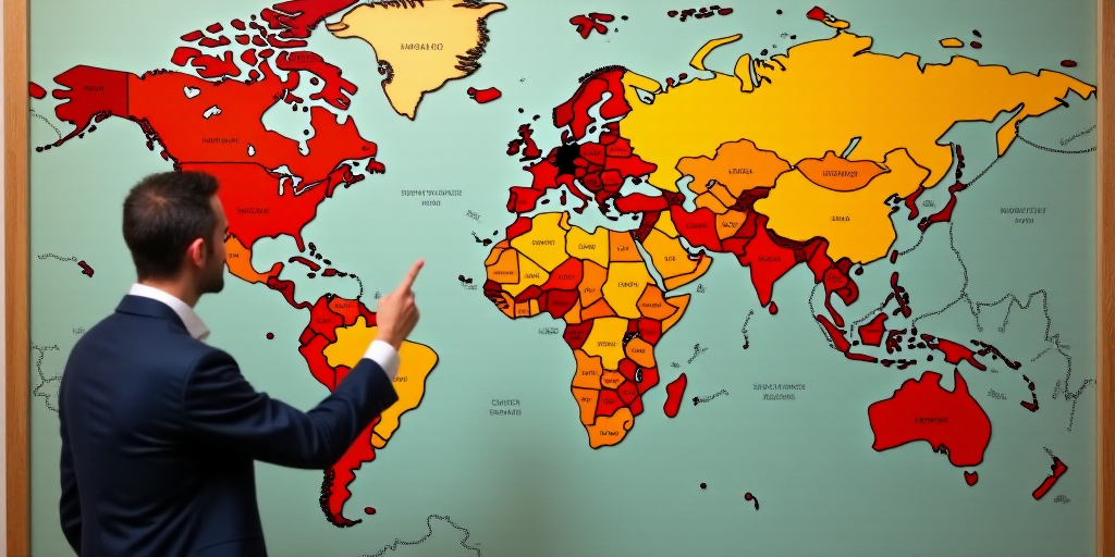 a man standing in front of a map of the world pointing to it with his finger to the side, Amédée O