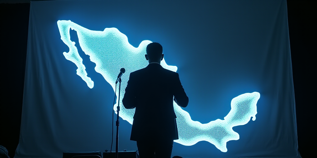 a man standing in front of a microphone in front of a map of mexico on a screen with a map of mexico