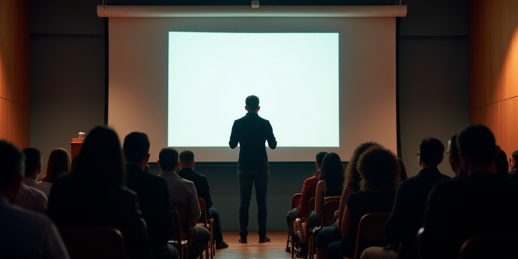 a man standing in front of a projection screen giving a presentation to a crowd of people in mexico,