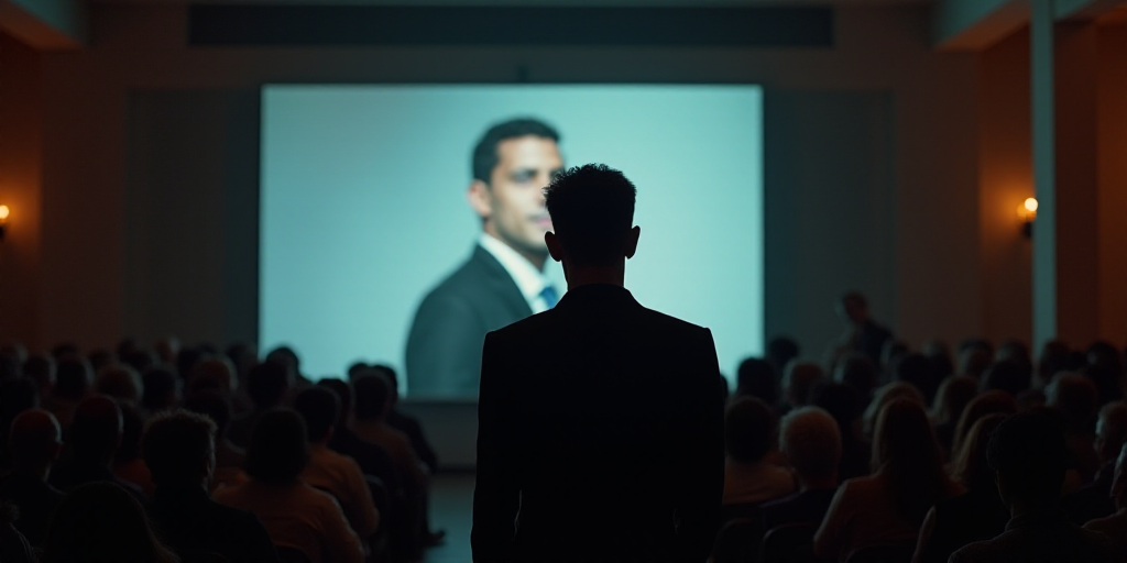 a man standing in front of a tv screen with a picture of a man on it in front of a crowd, Don Arday,