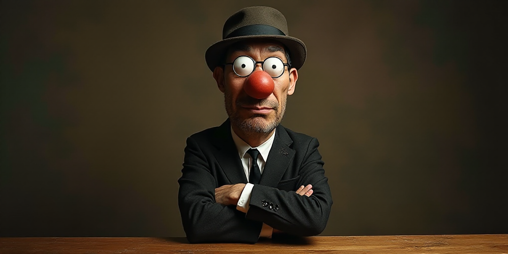 a man standing in front of a table with a hat on it's head and arms crossed, with his arms crossed,