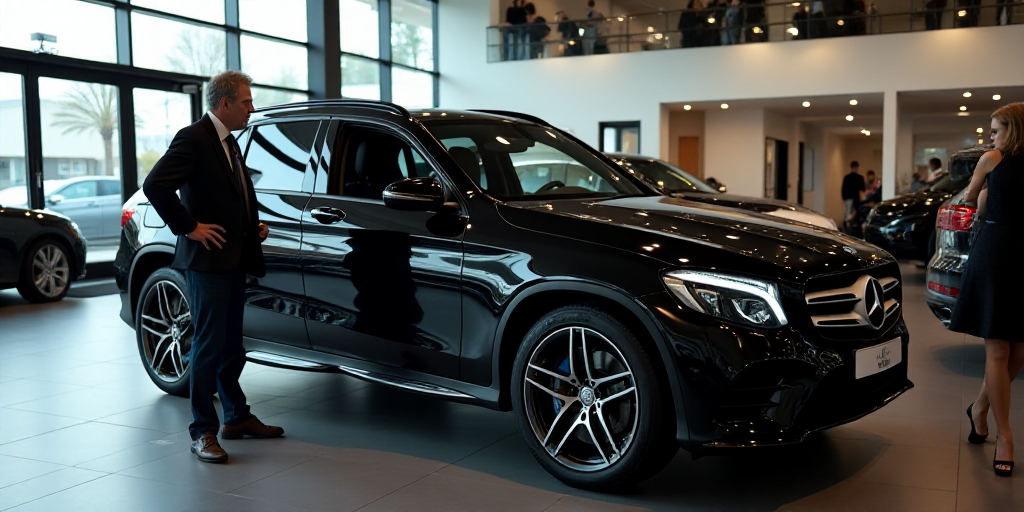 a man standing next to a black car in a showroom with other cars in the background and a woman stand