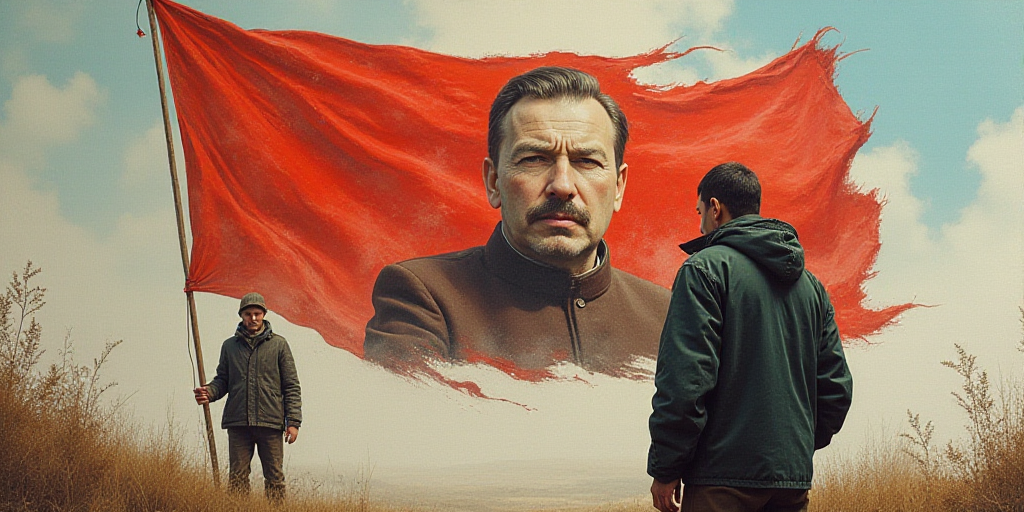 a man standing next to a large flag with pictures of people on it and a man holding a flag, Andrey Y