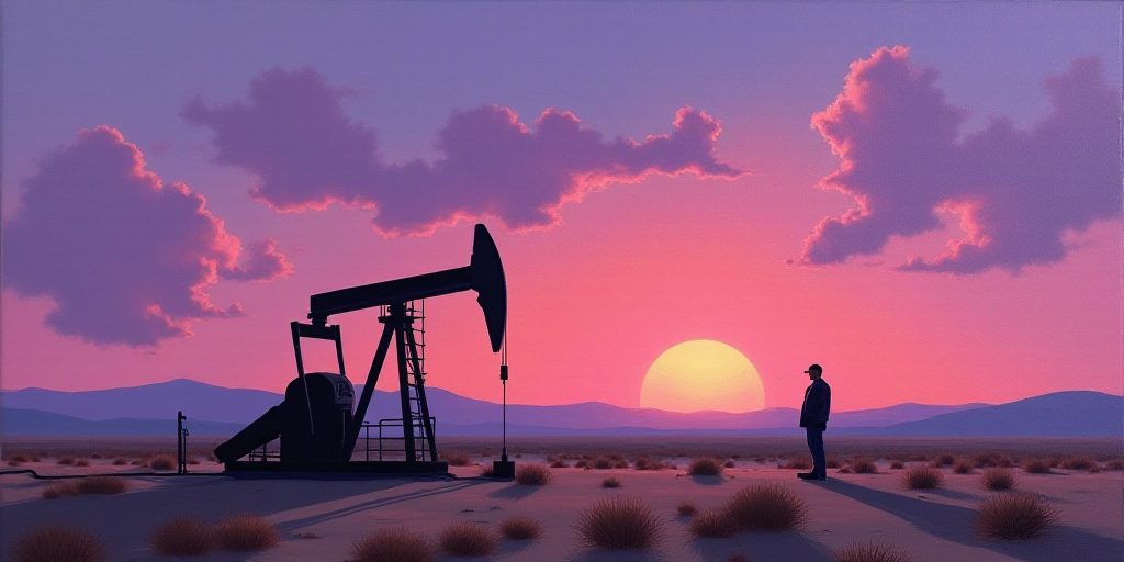 a man standing next to a pump in the desert at sunset with a purple sky behind him and a purple and