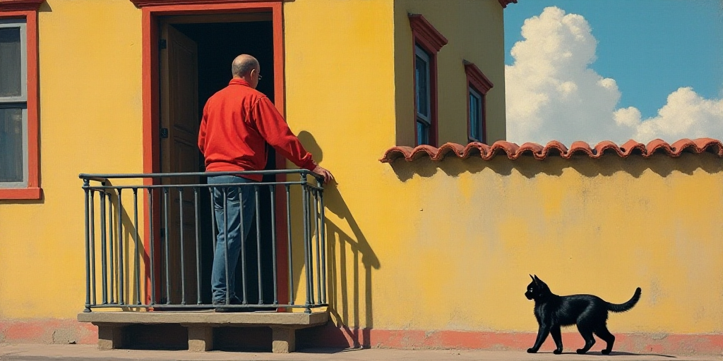 a man standing on a balcony with a red jacket on and a black cat in front of him and a door, Estuard