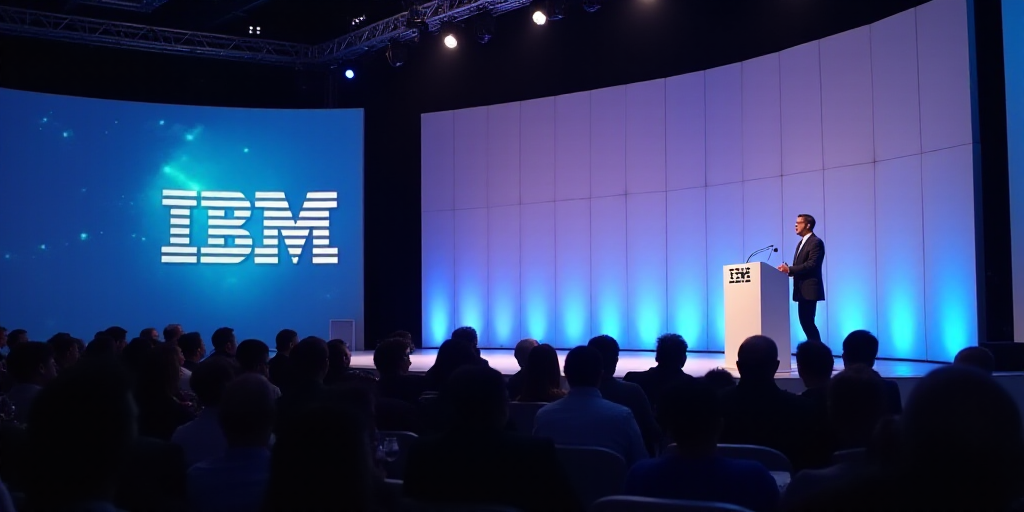 a man standing on stage giving a speech at a conference or conference hall with a ibm logo on the wa