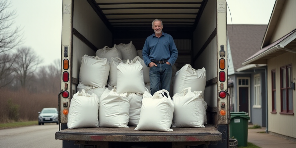 a man standing on the back of a moving truck in front of a building with a large pile of white bags,