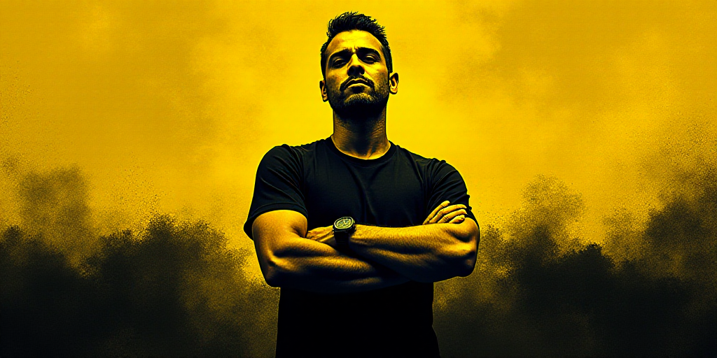 a man standing with his arms crossed in front of a yellow and black background with the words eleaza