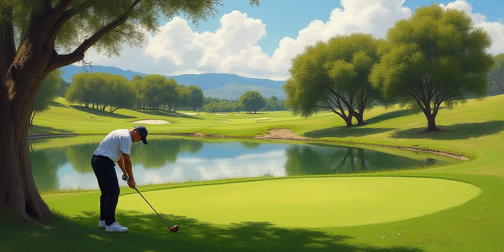 a man swinging a golf club on a golf course near a pond and trees in the background with a sign that
