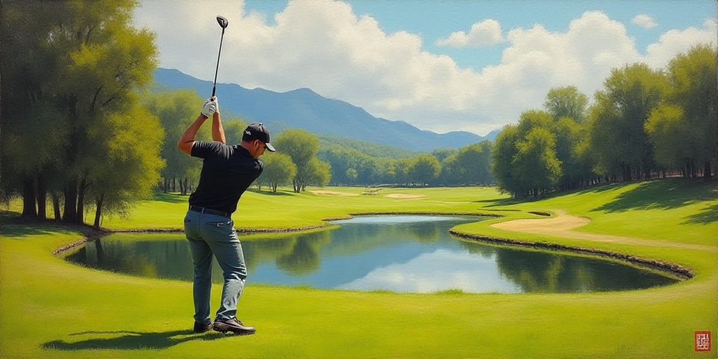 a man swinging a golf club on a golf course near a pond and trees in the background with a sign that