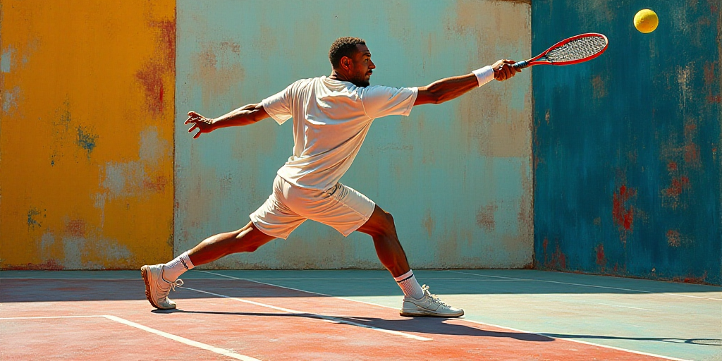 a man swinging a tennis racket at a tennis ball on a court with a tennis ball in the air, Barthélem