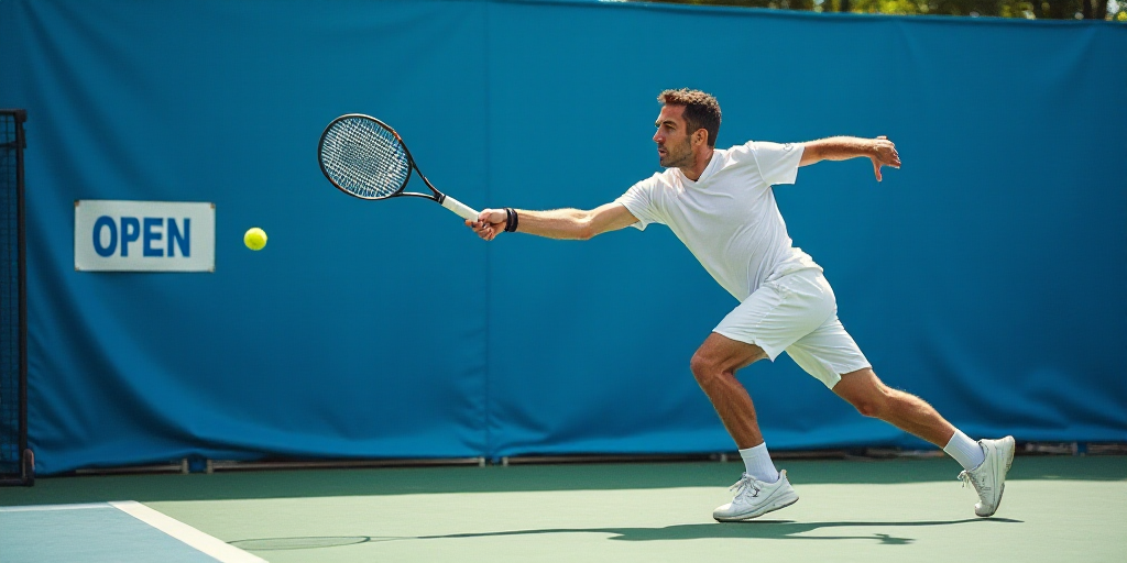a man swinging a tennis racket at a tennis ball on a court with a blue background and a white sign t