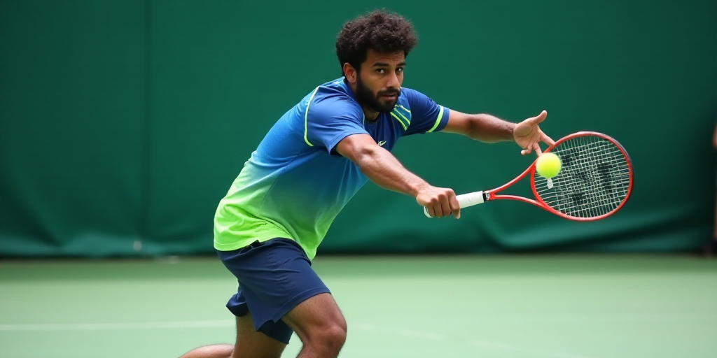 a man swinging a tennis racquet at a ball on a court with a blue and green shirt, Fathi Hassan, jayi