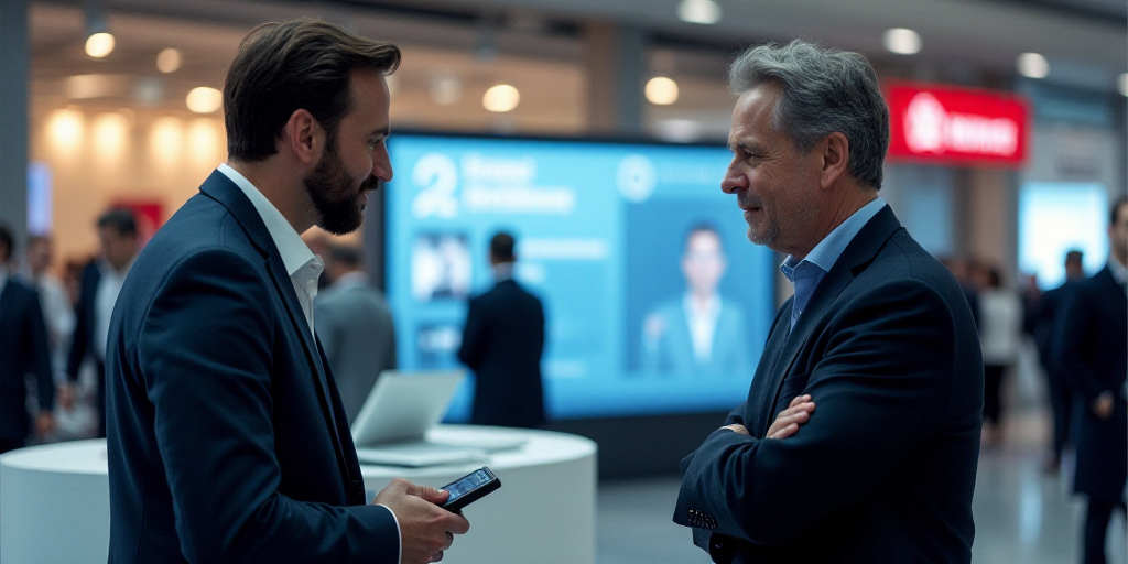 a man talking to another man in front of a computer screen at a trade show in a mall or mall, Andrie