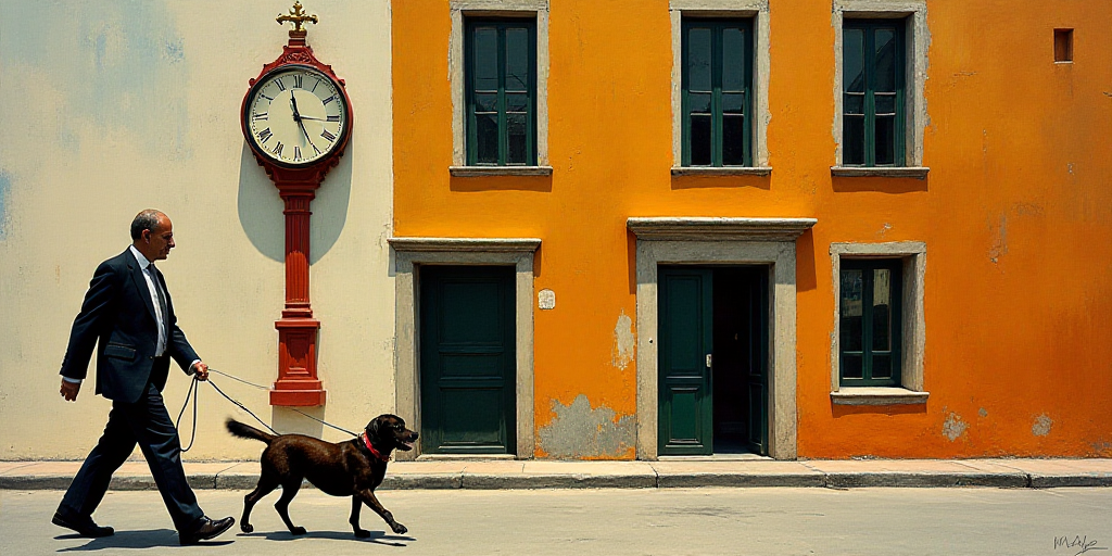 a man walking a dog down a street next to a tall building with a clock on it's side, David Alfaro Si