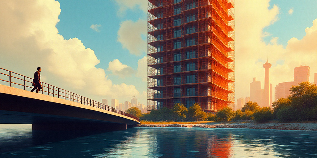 a man walking across a bridge over a river next to a tall building under construction with scaffoldi