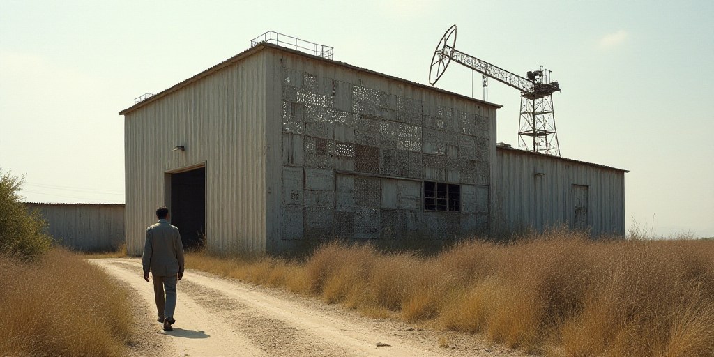 a man walking down a dirt road past a building with a large metal structure on it's side, Afewerk Te