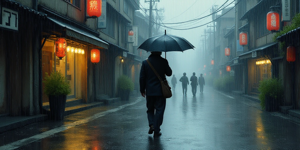 a man walking down a street in the rain with an umbrella over his head and a bag on his shoulder, An