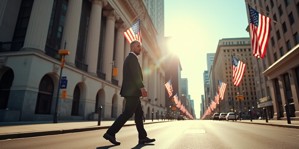 a man walking down a street past a tall building with american flags flying in the background on a s