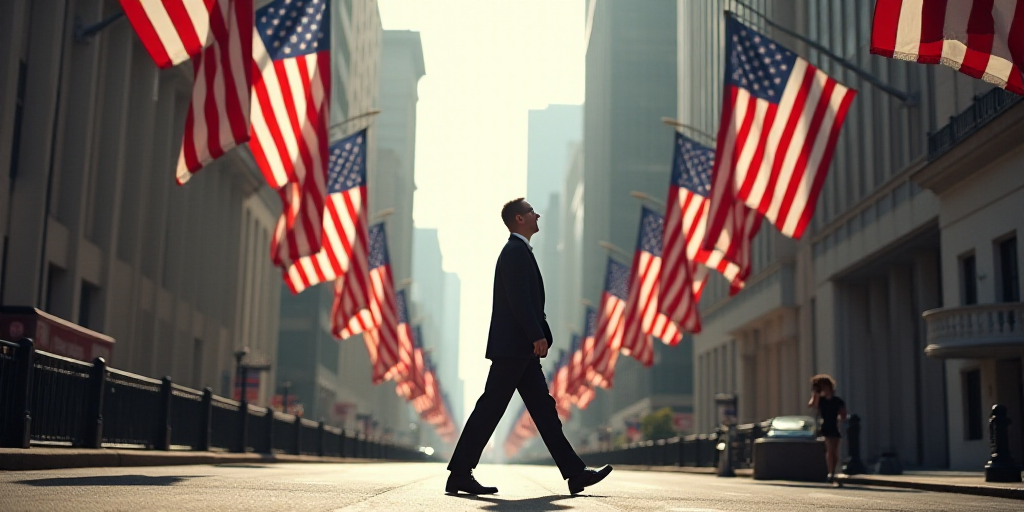 a man walking down a street past a tall building with american flags flying in the background on a s