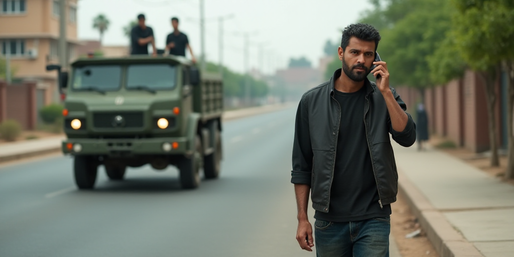 a man walking down a street past a military vehicle on the road with a man talking on a cell phone,
