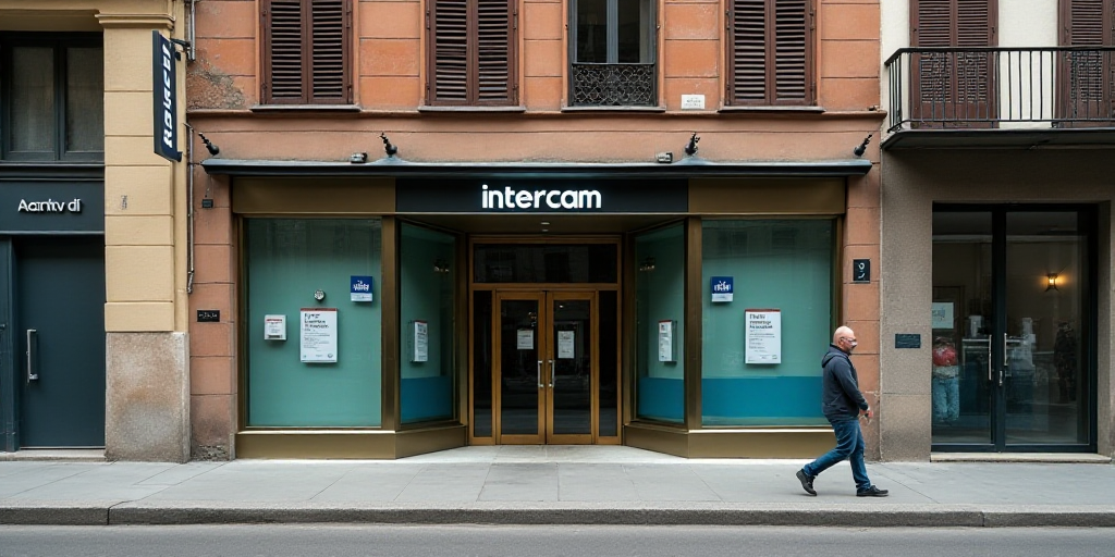 a man walking past a bank and a building with a sign on it that says intercam barcelona and a man wa
