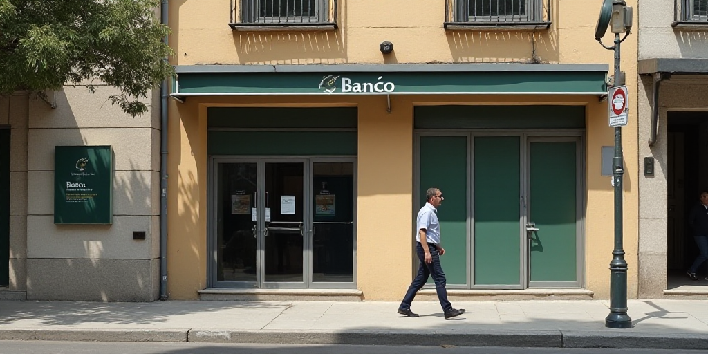 a man walking past a bank with a sign on it's side of it's building that says banco, Carlos Berlanga