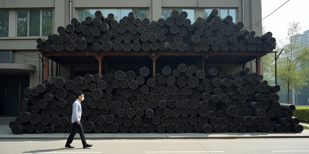 a man walking past a large stack of pipes on a street corner in front of a building with a large amo