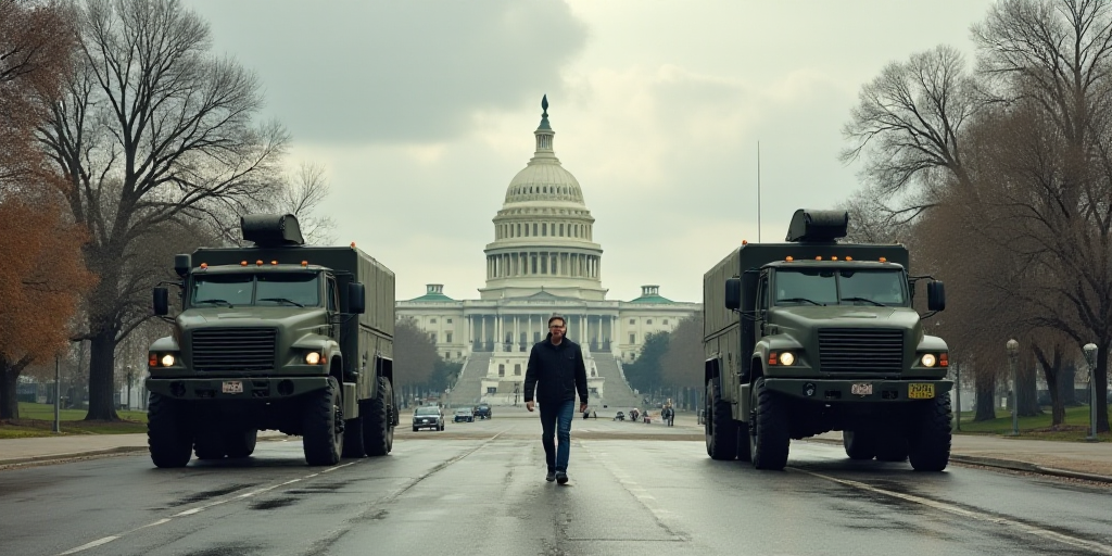 a man walking past two military vehicles in front of the capitol building in washington, dc, on a cl