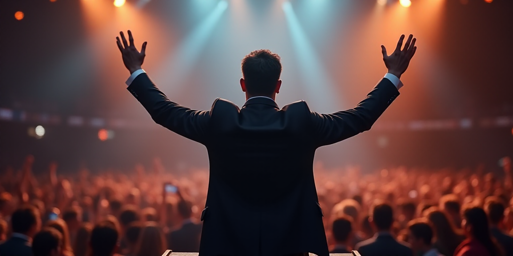 a man waves to the crowd while standing on a podium with his hands up in the air and his hands in th