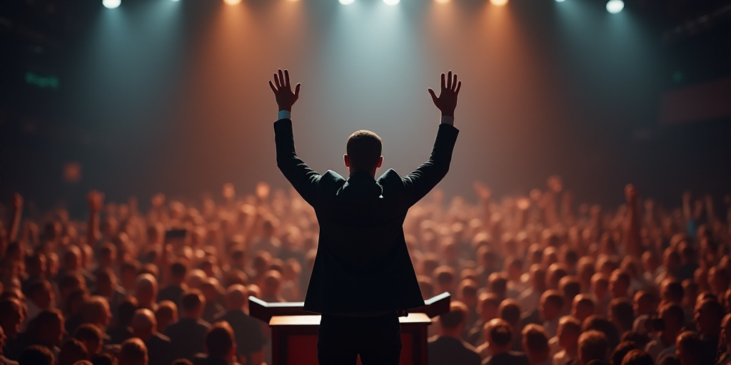 a man waves to the crowd while standing on a podium with his hands up in the air and his hands in th