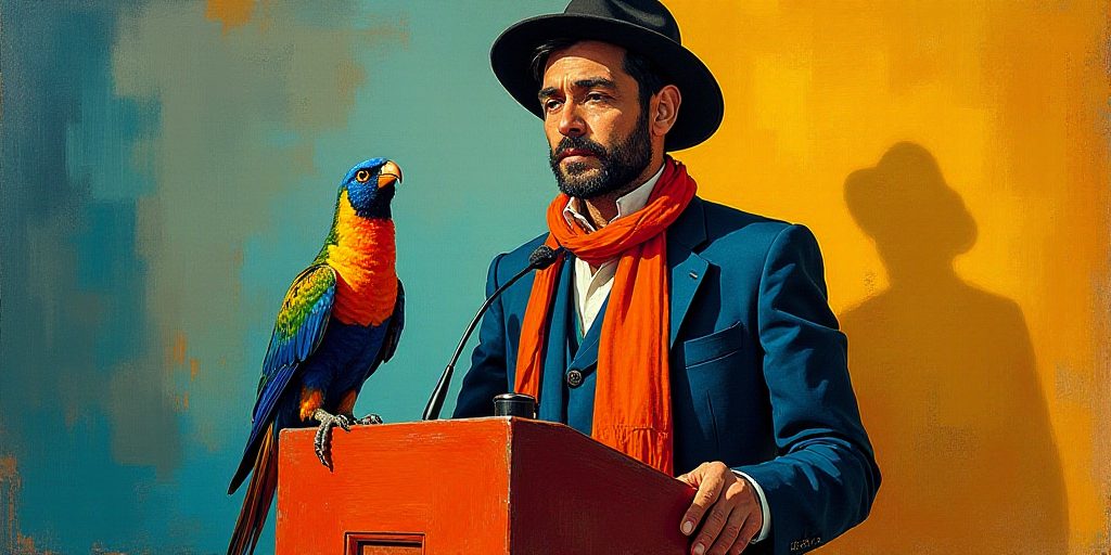 a man wearing a hat and a scarf standing at a podium with a bird on it's neck, Carlos Francisco Chan