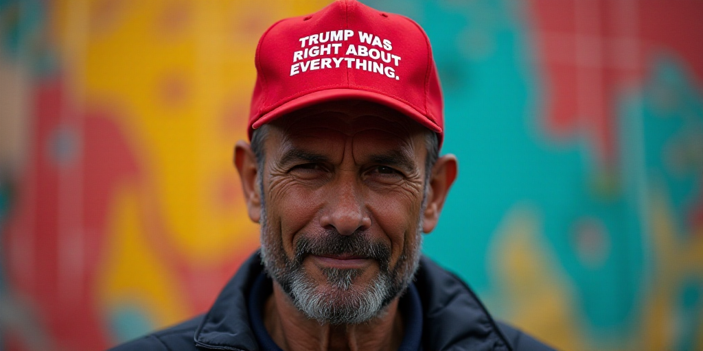 a man wearing a red hat with a message on it saying trump was right about everything in front of a c