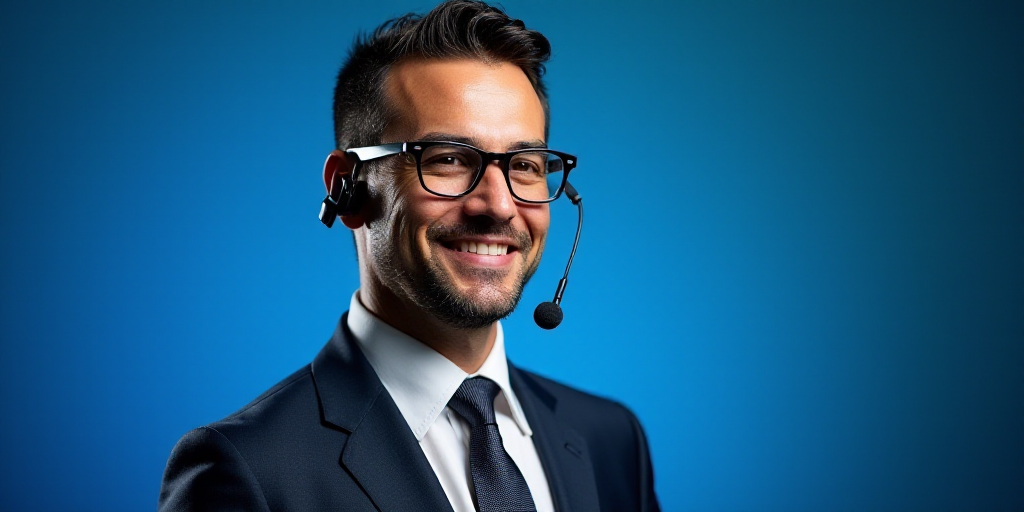 a man wearing glasses and a suit and tie with a microphone in his ear and a blue background behind h