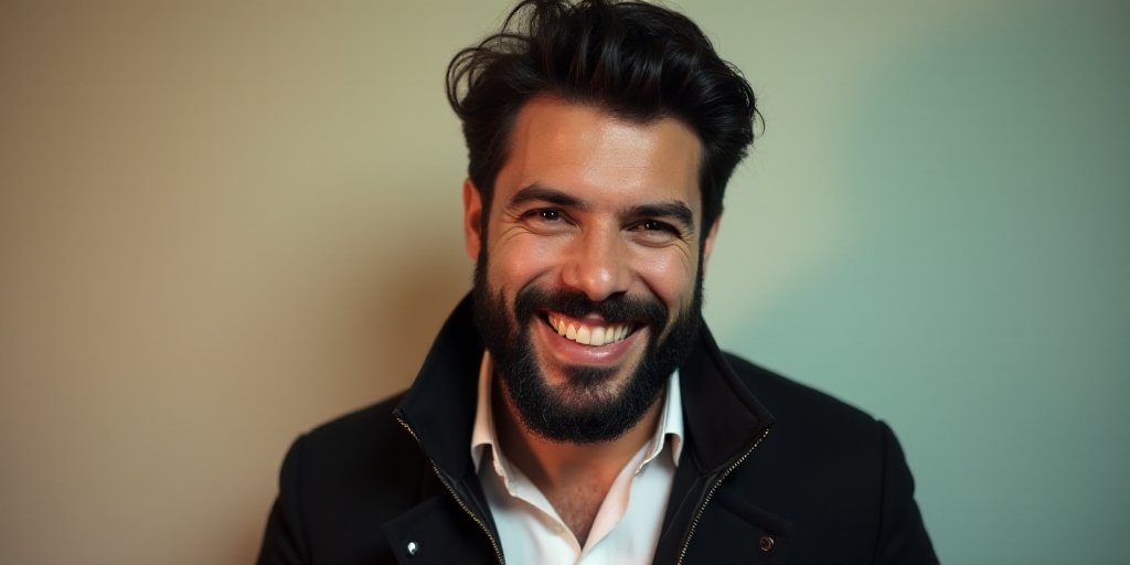 a man with a beard and a beard wearing a black jacket and white shirt is smiling at the camera, Enri