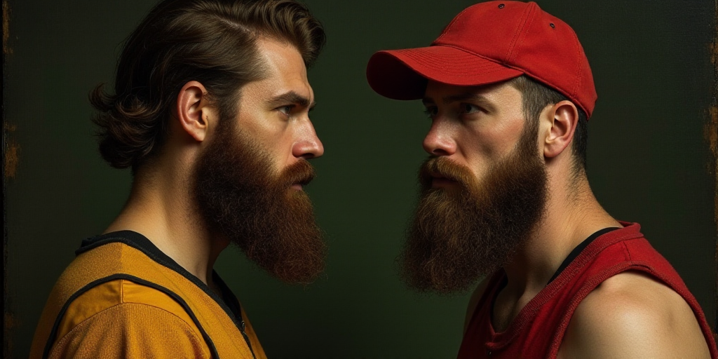 a man with a beard and a beard is standing next to another man with a beard and a baseball cap, Bria