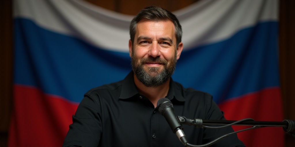 a man with a beard and a black shirt is standing in front of a microphone and a flag behind him, Ant